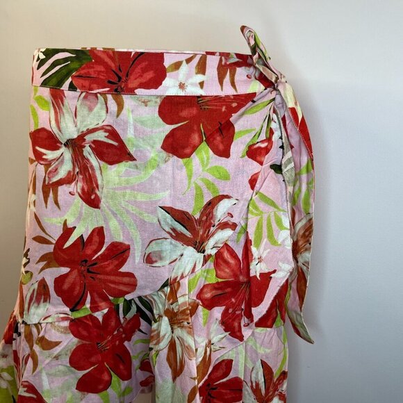 MARINA LUNA Women's Pink Floral Wrap Linen Ruffled Skirt - Size Large - NWT - Picture 2 of 4